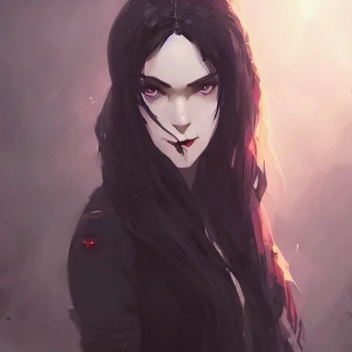 Image similar to female human vampire witch in the style of greg rutkowski, makoto shinkai, trending on artstation, character design, concept art, pretty face, highly detailed, long black hair, portrait, digital art