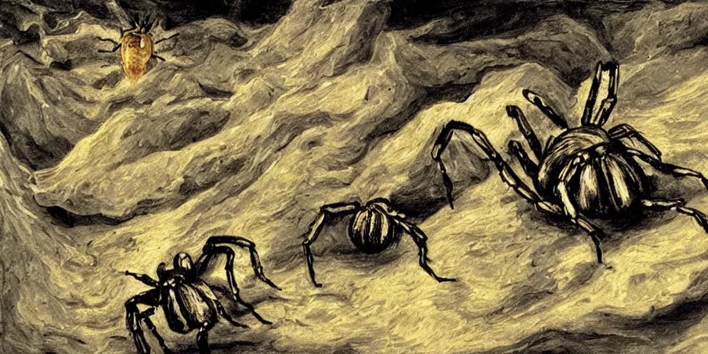 Image similar to hyperrealism Baptism on the river, monster spider in style of Goya