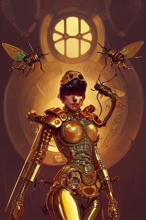 Prompt: panel of jewels with gold bugs and beetles , detailed armour, intricate details, realistic shaded Perfect face, insane action pose, steampunk, cyberpunk, highly detailed, artstation, illustration by Ilya Kuvshinov and alphonse mucha Greg Rutkowski