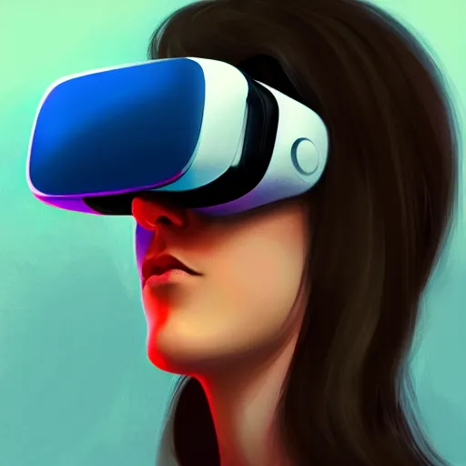 Prompt: female wearing virtual reality digital illustration artstation