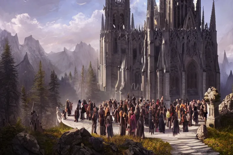 Prompt: gathering outside of grand gothic church, on top of mountain, beautiful view, d & d, fantasy, intricate, elegant, highly detailed, digital painting, epic wide shot, trending on artstation, concept art, matte, sharp focus, illustration, art by noah bradley, scott m fischer, greg rutkowski, john avon