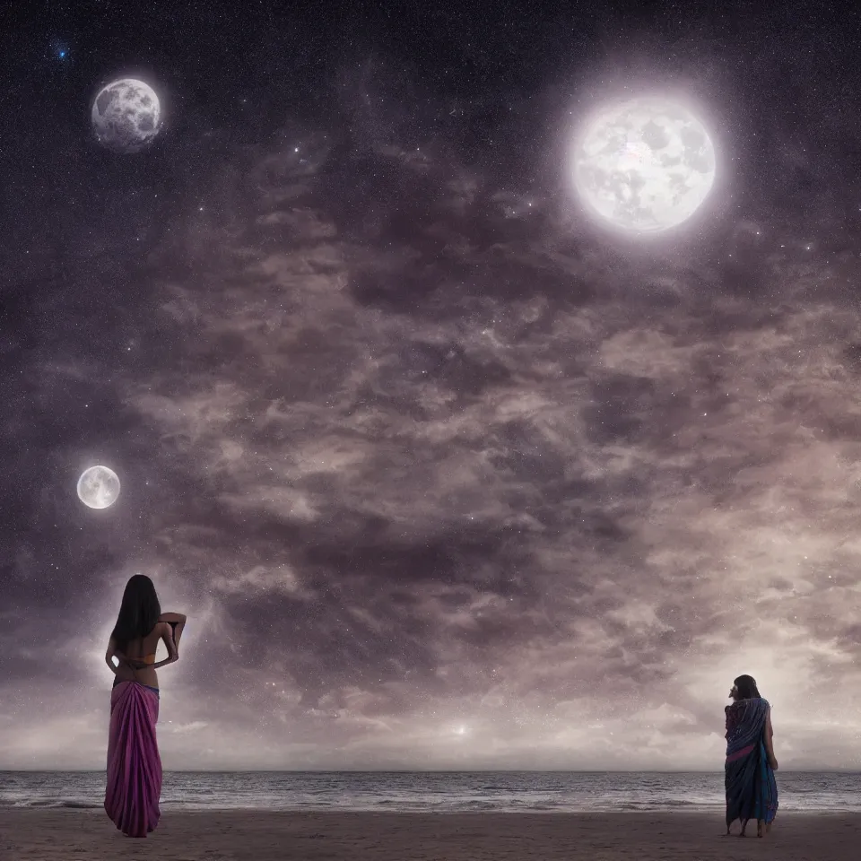 Image similar to young indian woman standing by the ocean at night with the moon above and the galaxy visible, masterful intricate artwork, high detail 8 k