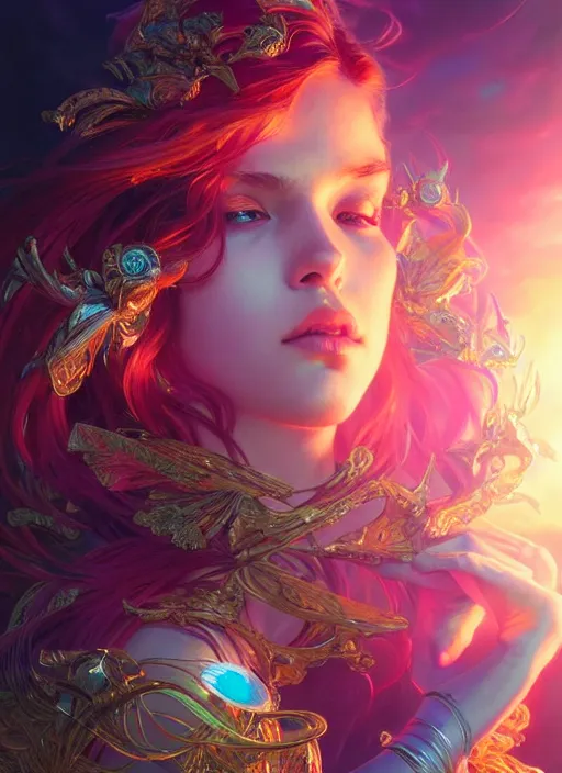 Image similar to hyper detailed ultra sharp of a beautiful sorcerer girl. trending on artstation, vaporwave aesthetic, synthwave, colorful, psychedelic, ornate, intricate, digital painting, concept art, smooth, sharp focus, illustration, art by artgerm and greg rutkowski and alphonse mucha, 8 k