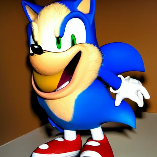 Image similar to fat sonic the hedgehog, excited to see a chili dog