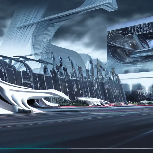 Image similar to sci-fi cars in center and wall near structure on the coronation of napoleon painting and digital billboard in the middle and everything in style of zaha hadid and suprematism forms, unreal engine 5, keyshot, octane, artstation trending, ultra high detail, ultra photo realistic, 8k, 16k, in plastic, dark, tilt shift,