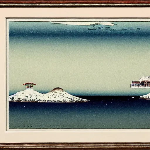 Image similar to a boat on the sea,panorama,snowy day, Kawase Hasui