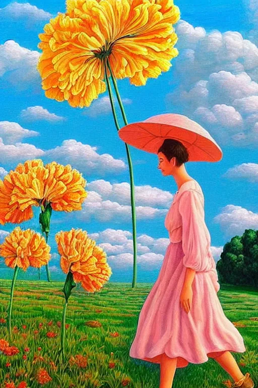 Prompt: closeup, giant carnation flower head, woman walking, surreal, clouds in sky, impressionist painting, digital painting, artstation, rob gonsalves