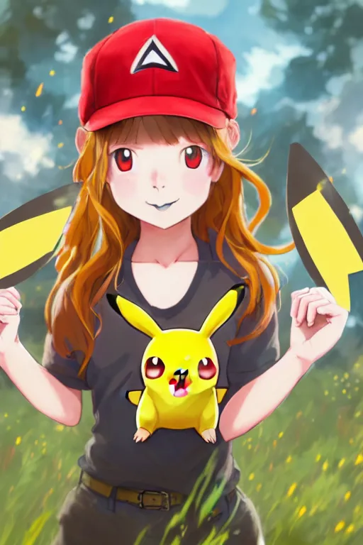 portrait of cute pokemon trainer girl with vibrant red, Stable Diffusion