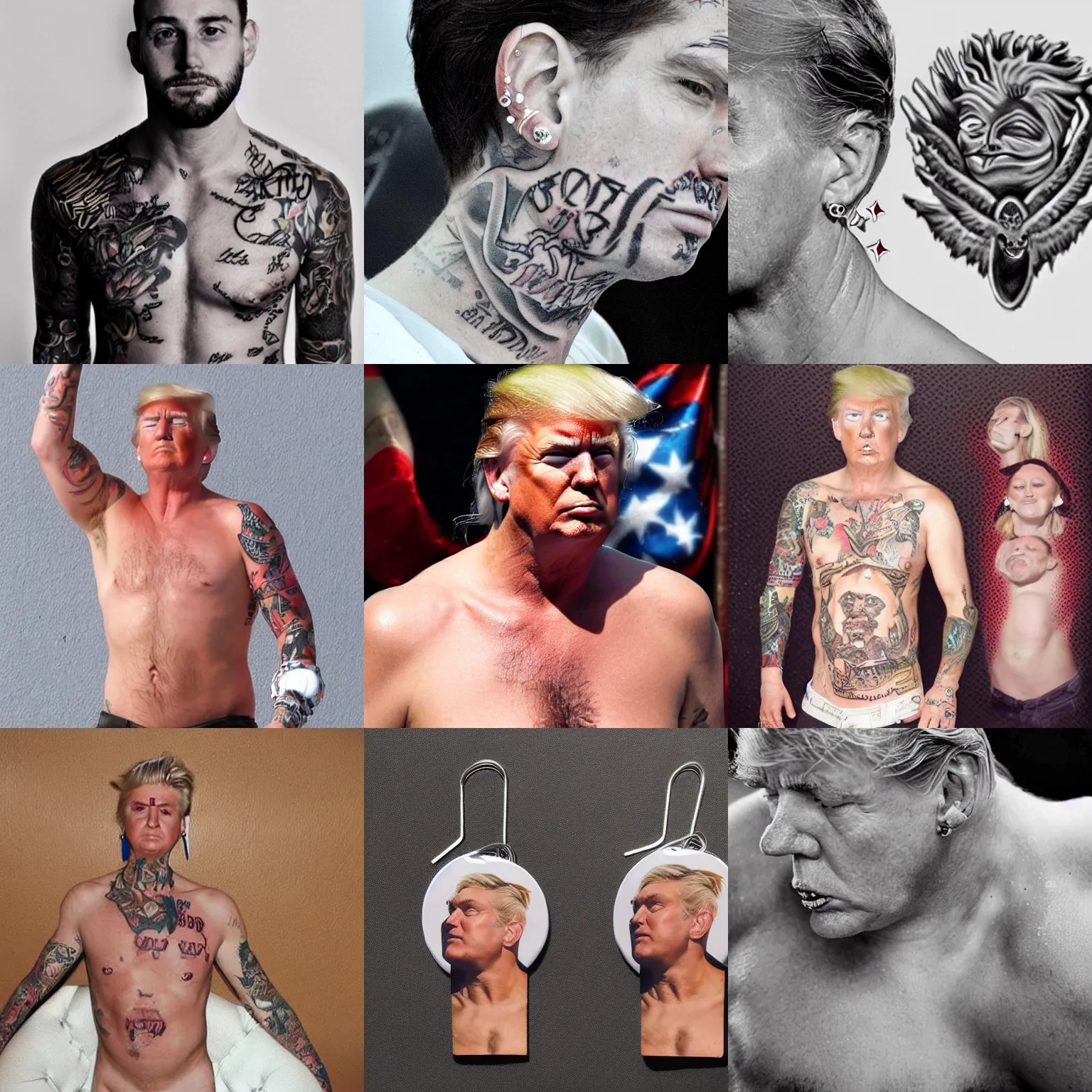 Prompt: shirtless donald trump with bodypiercings earrings and tattoos