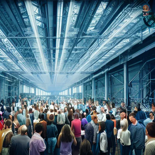 Image similar to crane shot of large group people in open warehouse, looking at hologram of futuristic city on a table, cinematic concept, godrays, golden hour, natural sunlight, 4 k, clear details, tabletop model buildings, tabletop model, ethereal hologram center, crane shot, crane shot, rule of thirds, people, people, award winning