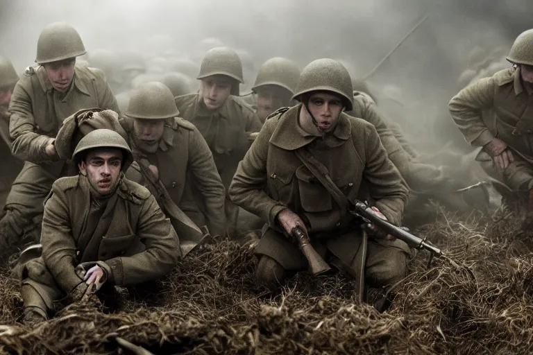 Image similar to jay baruchel as world war 1 soldier in the trenches, bullets whizzing past, cinematic lighting, high contrast, 4 k hdr imax cinematography by roger deakins, award winning shot, beautiful composition, principal photography, vfx action shot