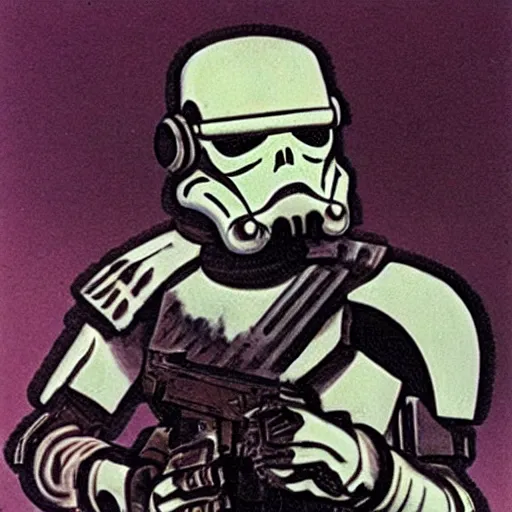 Image similar to zombie stormtrooper, 1 9 7 0 s scifi art