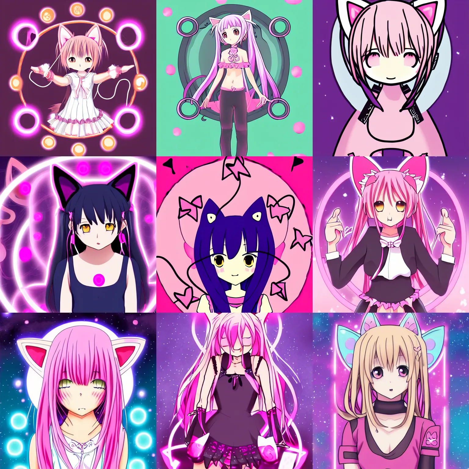 Prompt: card art of anime (cat) girl with cat ears surrounded by magic circles. Pink hue.