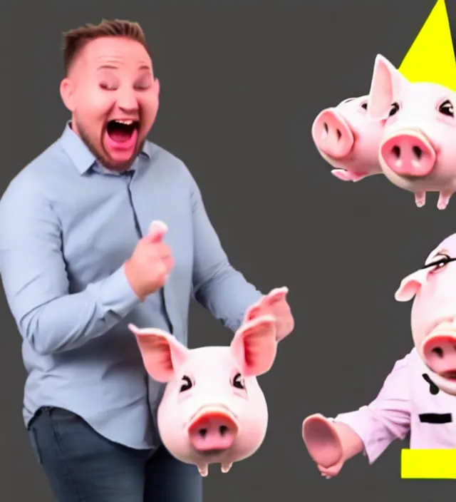 Image similar to clickbait youtube thumbnail of a man reacting to funny dancing pigs