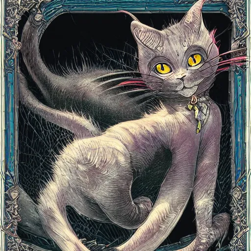 Prompt: vampire cat, inside a frame on a tiled wall, frontal picture, by yoichi hatakenaka, masamune shirow, josan gonzales and dan mumford, ayami kojima, takato yamamoto, karol bak