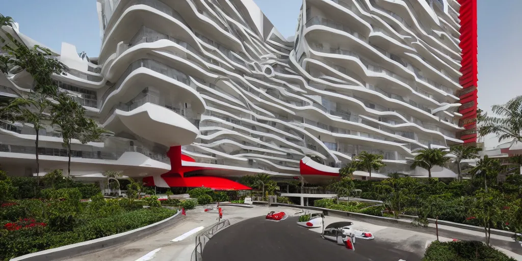 Image similar to extremely beautiful architecture photo of a luxury hotel complex in lagos nigeria in the style of rem koolhaas and virgil abloh with red black and white accents, green plants, zaha hadid, postmodern, clean, the structure is angular and geometric, beautiful, award winning architecture, extremely beautiful lighting, cinematic composition, modern, render, architectural, architecture, realistic, clear