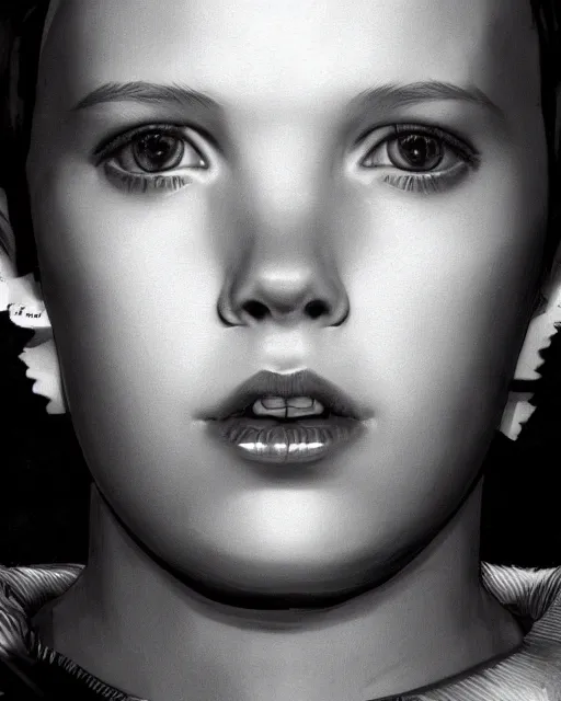 Prompt: close up portrait of millie bobby brown by yoji shinkawa, black and white, dramatic lighting