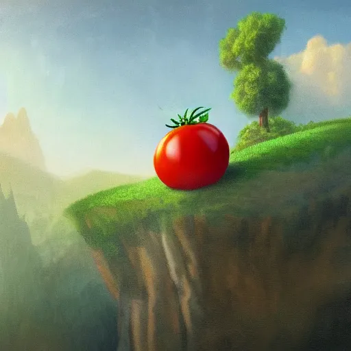 Image similar to a beautiful matte painting of bob the tomato, by steve argyle and mark arian