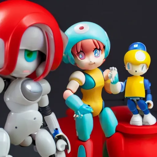 Image similar to photo of figma figures in a diorama : : roll is repairing computers in dr. light's laboratory. roll is a cute female ball - jointed robot ( in the style of mega man ) who has blonde hair with bangs and a ponytail tied with a green ribbon. she is wearing a red one - piece dress with a white collar, and red boots.