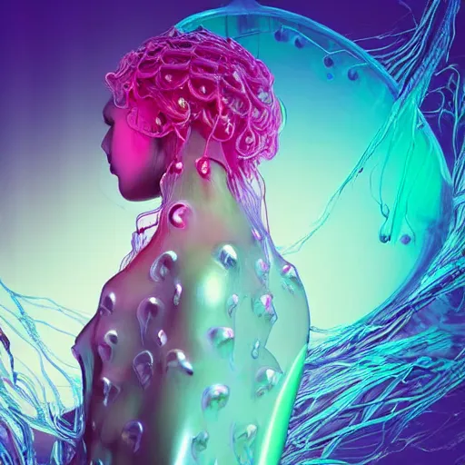 Prompt: Vass Roland cover art future bass girl un wrapped statue bust curls of hair petite lush side view body photography model full body curly jellyfish lips art contrast vibrant futuristic fabric skin jellyfish material metal veins style of Jonathan Zawada, Thisset colours simple background objective