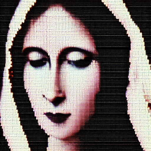 Image similar to vhs static overlay of virgin mary, vhs, 1 9 9 0, highly realistic, highly detailed, vhs noise static, black and white, vhs glitch