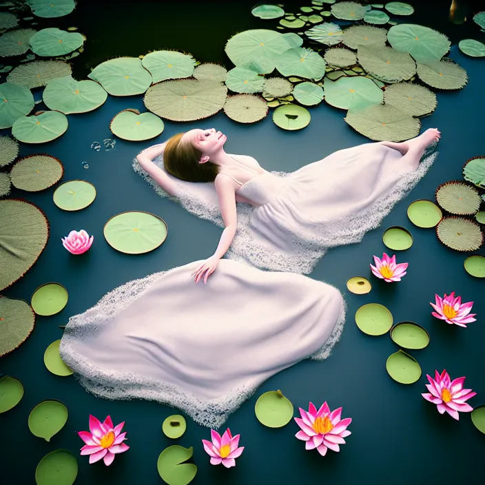 Image similar to Kodak Portra 400, 8K, soft light, volumetric lighting, highly detailed, britt marling style 3/4 of a woman floating in water surrounded by lily pads, half face in the water, julie dillon, a beautiful lace dress and hair are intricate with highly detailed realistic beautiful flowers , Realistic, Refined, Highly Detailed, natural outdoor soft pastel lighting colors scheme, outdoor fine art photography, Hyper realistic, photo realistic