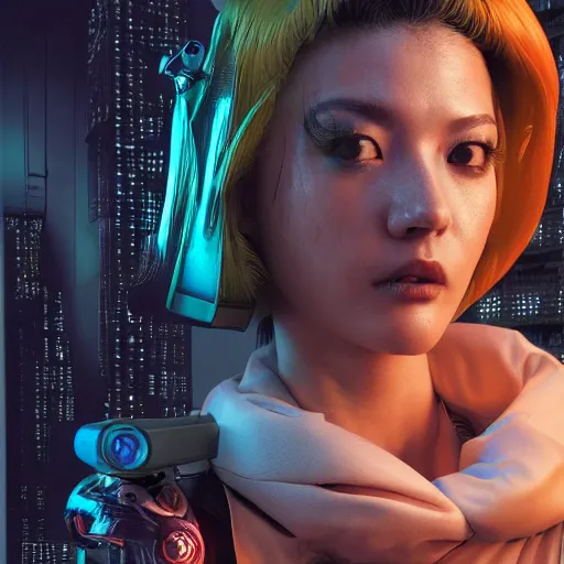 Image similar to the portrait of an absurdly beautiful cyberpunk gravure idol, an ultrafine hyperdetailed illustration by kim jung gi, irakli nadar, hanna moon, leslie zhang intricate linework, bright colors, collage, porcelain skin, unreal engine 5 highly rendered, cgsociety, global illumination, radiant light, detailed and intricate environment