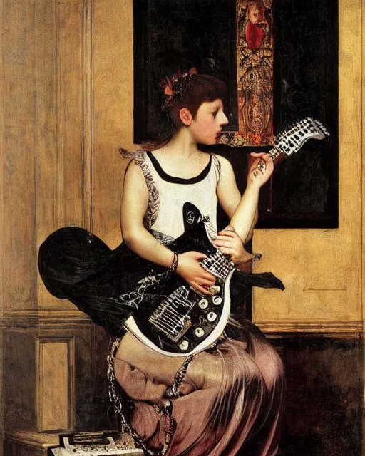 Image similar to Goth girl playing electric guitar by Mario Testino, oil painting by Caravaggio and Tintoretto and Lawrence Alma-Tadema