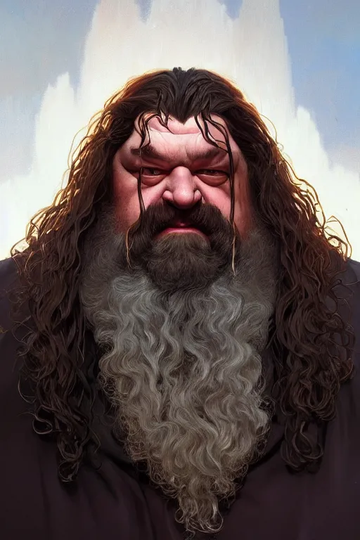 Prompt: a portrait of hagrid, fantasy, sharp focus, intricate, elegant, digital painting, artstation, matte, highly detailed, concept art, illustration, ambient lighting, art by ilya kuvshinov, artgerm, alphonse mucha, and greg rutkowski