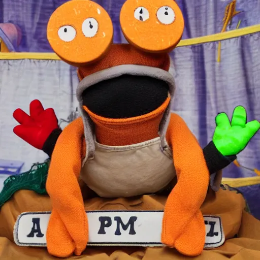 Prompt: happy pepe the miner in a puppet show