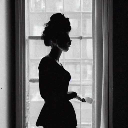 Image similar to black and white fashion photo of a model woman smoking a cigarette by the window