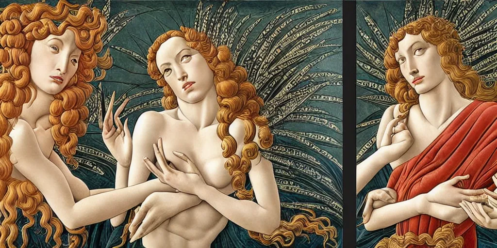 Prompt: the 12 months of the year as figures, in a mixed style of Botticelli and Æon Flux, stunningly detailed artwork