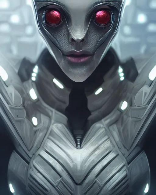 Image similar to portrait of an android, beautiful girl, hexagonal armor, mantis shape, alien research complex, cinematic, detailed, sharp focus, high quality, 4 k, high detail, trending on artstation