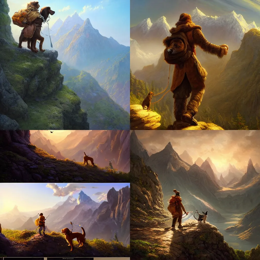 Prompt: an adventurer in the begining of a journey with his dog. near a precipice, the sun and mountains on the background. intricate, elegant, highly detailed, digital painting, artstation, concept art, sharp focus, illustration, by justin gerard and artgerm, 8 k