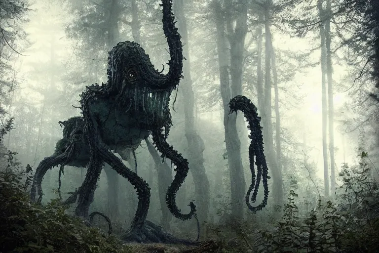 Image similar to creepy eldritch monster in a swedish forest, very low angle photograph, very detailed, trending on artstation, realistic, soft colors, simon stalenhag, lovecraft, horror