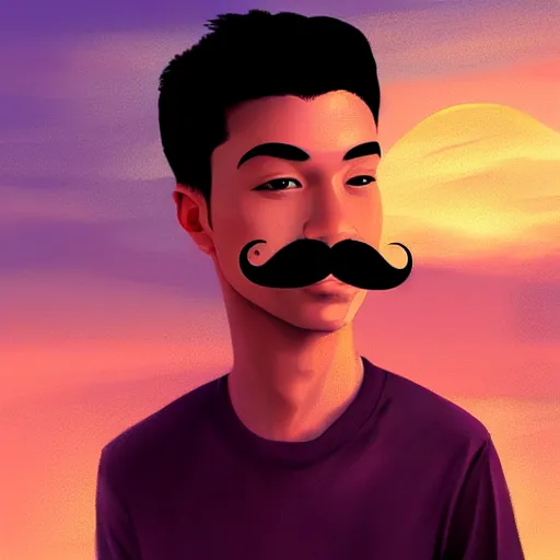 Prompt: young man with a mustache, beautiful sunset, high definition, concept art, digital painting, art by Tran and Ross