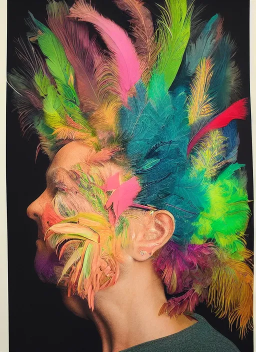 Image similar to a woman's face in profile, made of exotic colourful feathers, in the style of the Dutch masters and Gregory Crewdson, dark and moody