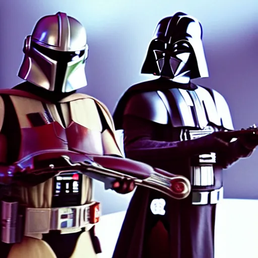 Prompt: “Star Wars the clone wars, still shot, mandolorian with darth Vader”