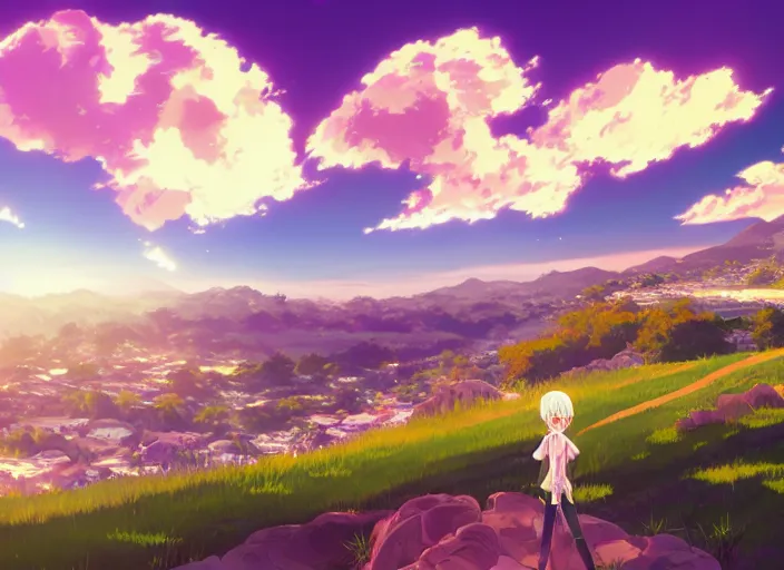 Image similar to illustration of green hills with clouds in the background, golden hour sunset, purple beautiful sky, cute anime girl with platinum blonde hair and big eyes, close to foreground, anime key visual, official media, illustrated by wlop, extremely detailed, 8 k, trending on pixiv, cinematic lighting, beautiful