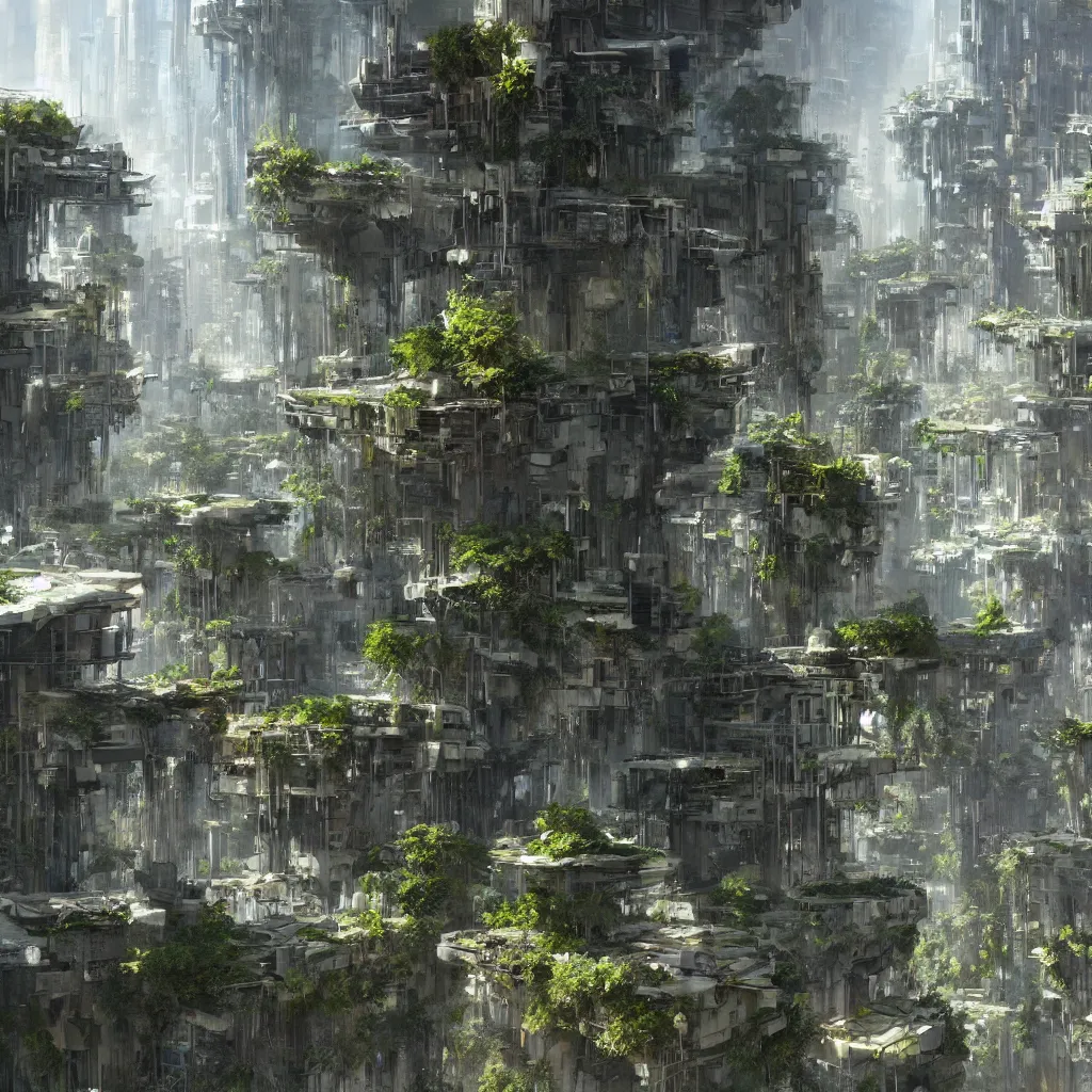 Prompt: A vertical city with multiple outdoor layers with varying amounts of vegetation in brutalist architecture, craig mullins style, solarpunk, concept art