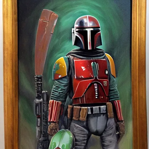 Prompt: Boba Fett staring at his bounty target from a distance, oil painting