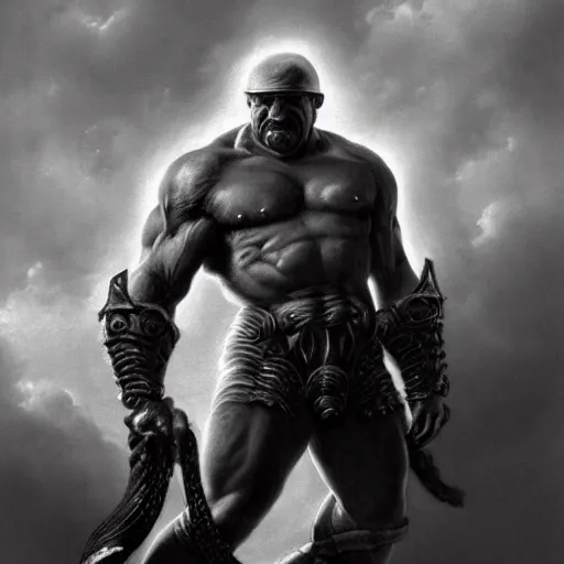Prompt: By Boris Vallejo, ultra realist 3d soft paint of Yves the small muscled dwarf fully armored during an epic scene, symmetry accurate features, very intricate details, ominous sky, black and white, volumetric light clouds, unreal artstation