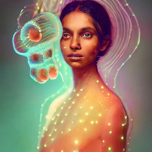 Image similar to a close - up shot of a brown woman wearing a luminous armor made of neon jelly fishes. surrounded by large jelly fishes. soft lighting. fragile. haunting jellyfish eyes!! coherent face!! no makeup!! muted colors. by ray caesar. by louise dahl - wolfe. by andrea kowch. surreal photography