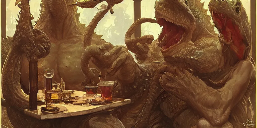 Prompt: lizardman sitting in a tavern drinking ale d & d fantasy intricate elegant highly detailed digital painting artstation concept art matte sharp focus illustration by artgerm art by greg rutkowski art by alphonse mucha