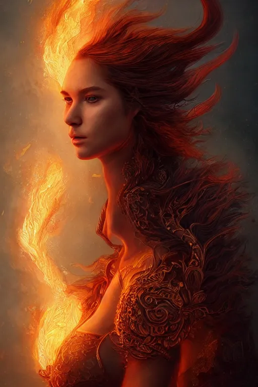 Image similar to majestic and regal portrait of a beautiful young female fire cat girl!, intricate, epic, elegant, menacing, fantasy, highly detailed, digital painting, hard focus, beautiful volumetric lighting, epic light, ultra detailed, souls, smoke, by leesha hannigan, ross tran, thierry doizon, kai carpenter, ignacio fernandez rios