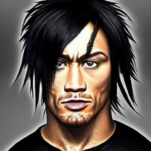 Prompt: photo The Rock emo hair