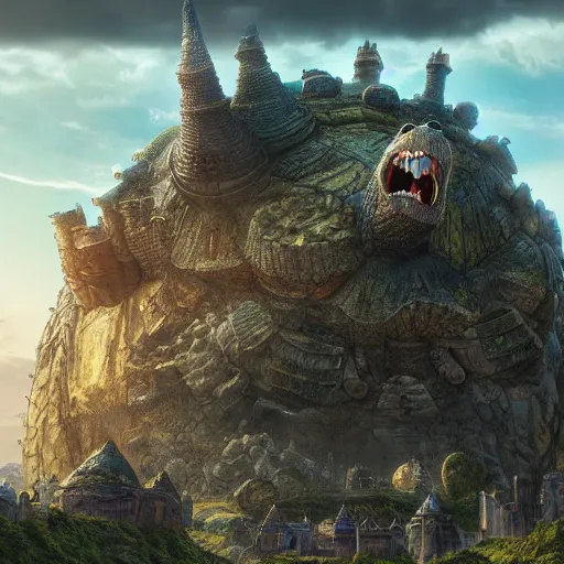 Image similar to large fantasy castle rising from the top of a giant tortoise, towering over a harsh barren wasteland, howls moving castle, mortal engines, kaiju, distant - mid - shot centered, fantasy, hyper detailed, 4 k