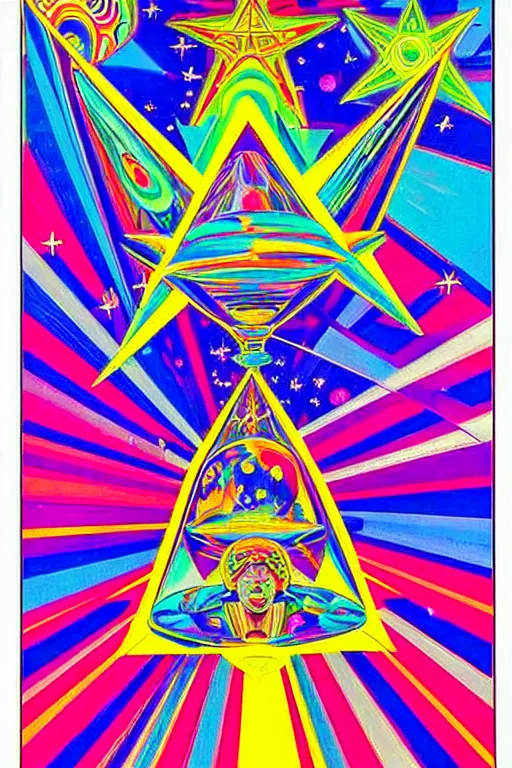 Prompt: very detailed vibrant symmetric!! 6 0 s artwork by peter max of people flying admist huge crystal shards in space, hd, psychedelic