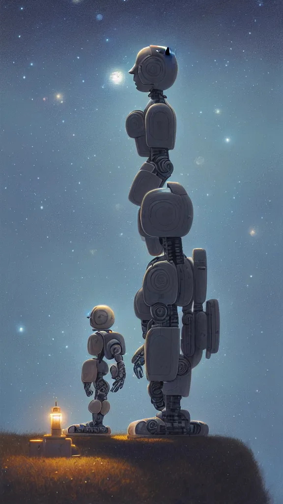 Prompt: one robot looking at the stars, style of claudio bravo, greg rutkowski, mattias adolfsson and moebious, 3 5 mm, [ volumetric lighting ], high angle, depth of field, oil on canvas