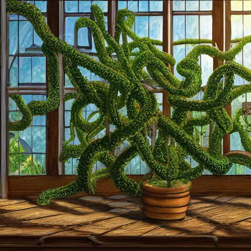 Image similar to wide shot several green poisonous spiked tentacula vines grow from a pot, on wooden table in the diagon ray of sunshine in large greenhouse, digital art, realistic, sharp focus, high detailed, calm, warm lighting, by Rutkowsky, by Levitan